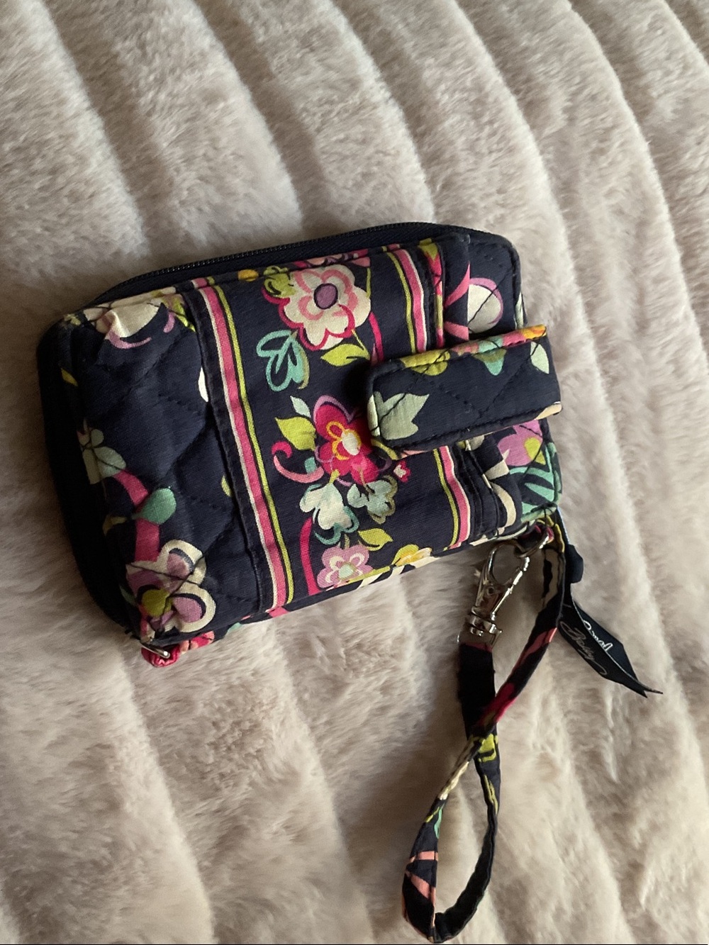 Vera Bradley Navy Quilted Floral Wristlet with Pink & Green Flowers